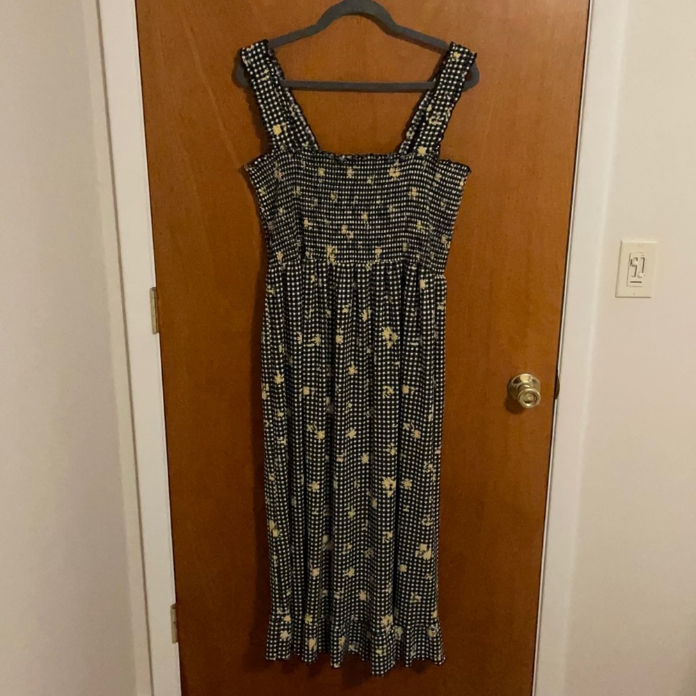 Black shirred gingham midi dress